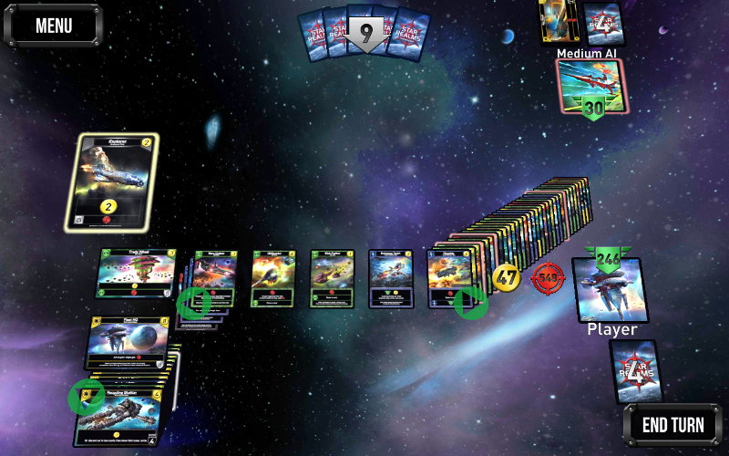 Star Realms deckbuilder game. Showing a large number of bases, outposts, and units in play for the player. The opponent has 30 authority left. The player has 246 authority, 47 money, and 548 damage. It is the player's turn. There are no cards in the trade row except Explorer